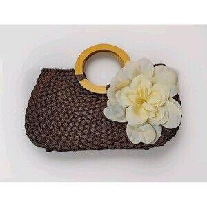 American Vintage Handbag Brown Woven/Bamboo Handles Large Yellow Flower Applique